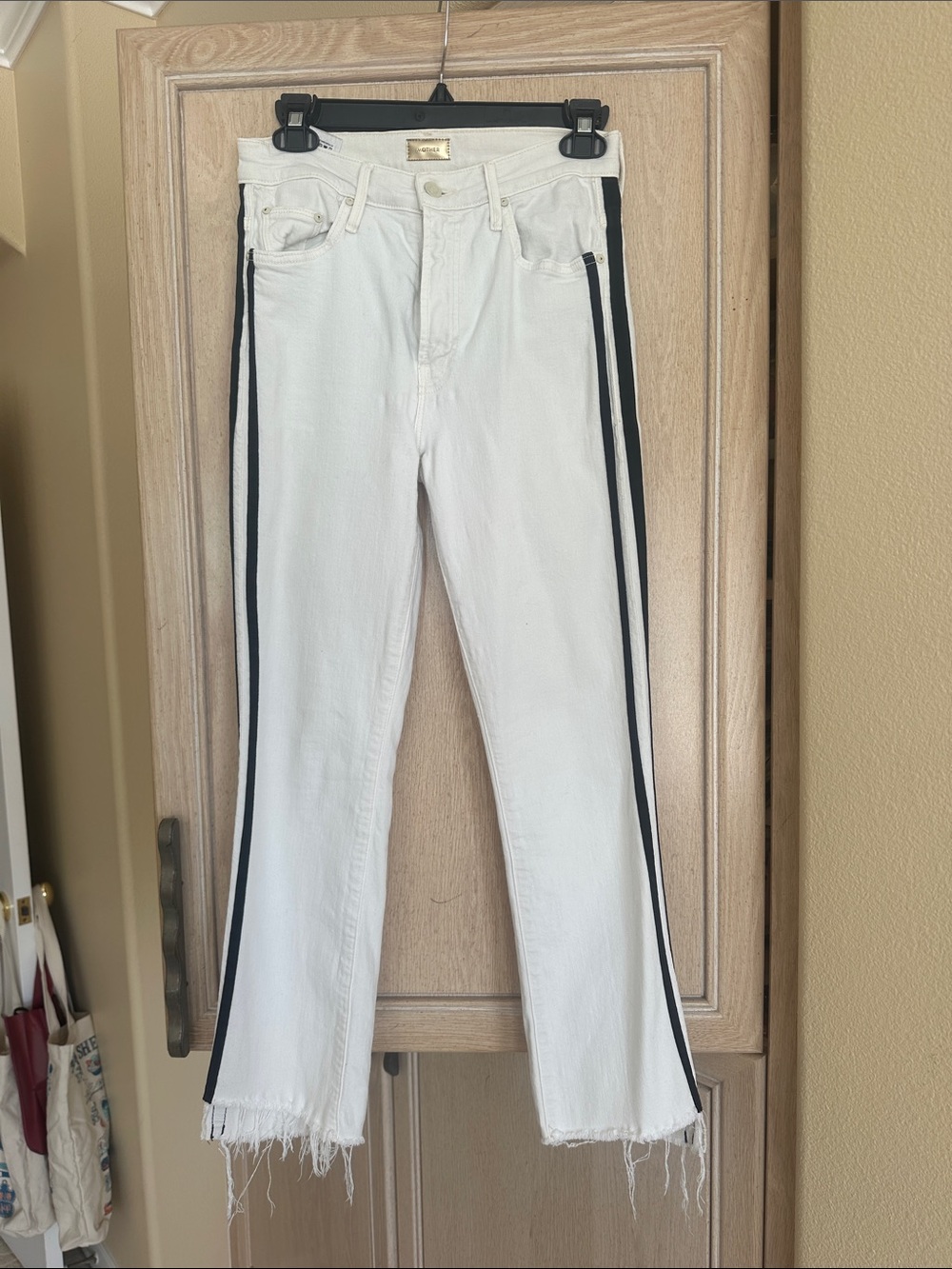 MOTHER Insider Crop Step Fray White Women's Side-Stripe Jeans